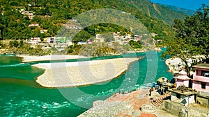 Pristine town of Rudraprayag nestled on the holy confluence of Alaknanda and Mandakini rivers, Uttarakhand, India photo